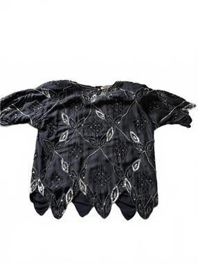 Vintage Argenti black silk blouse w/ scalloped hem